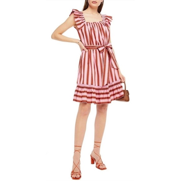 NWOT $298 Kate Spade Calais Pink Stripe Ruffle Flutter Dress Women's M - Picture 3 of 13